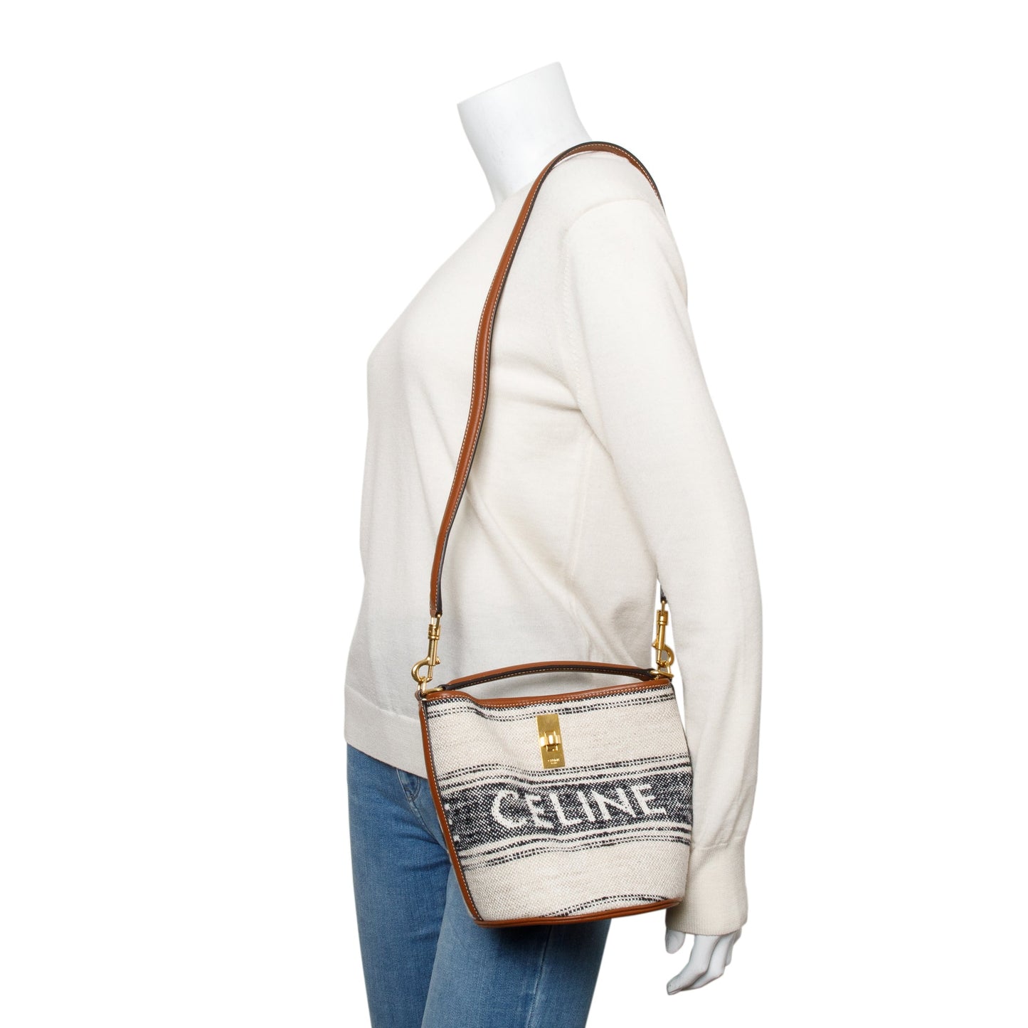 Celine 2022 Neutral Canvas Brown Leather Logo Teen 16 Bucket Bag