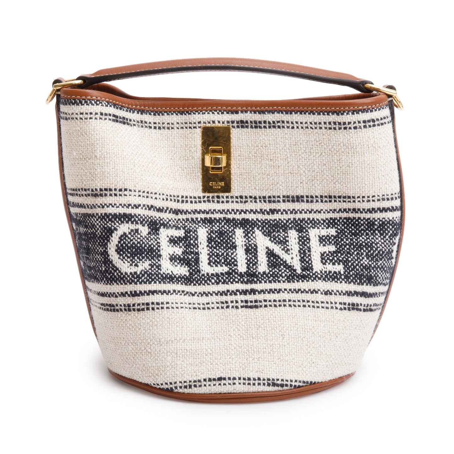 Celine 2022 Neutral Canvas Brown Leather Logo Teen 16 Bucket Bag