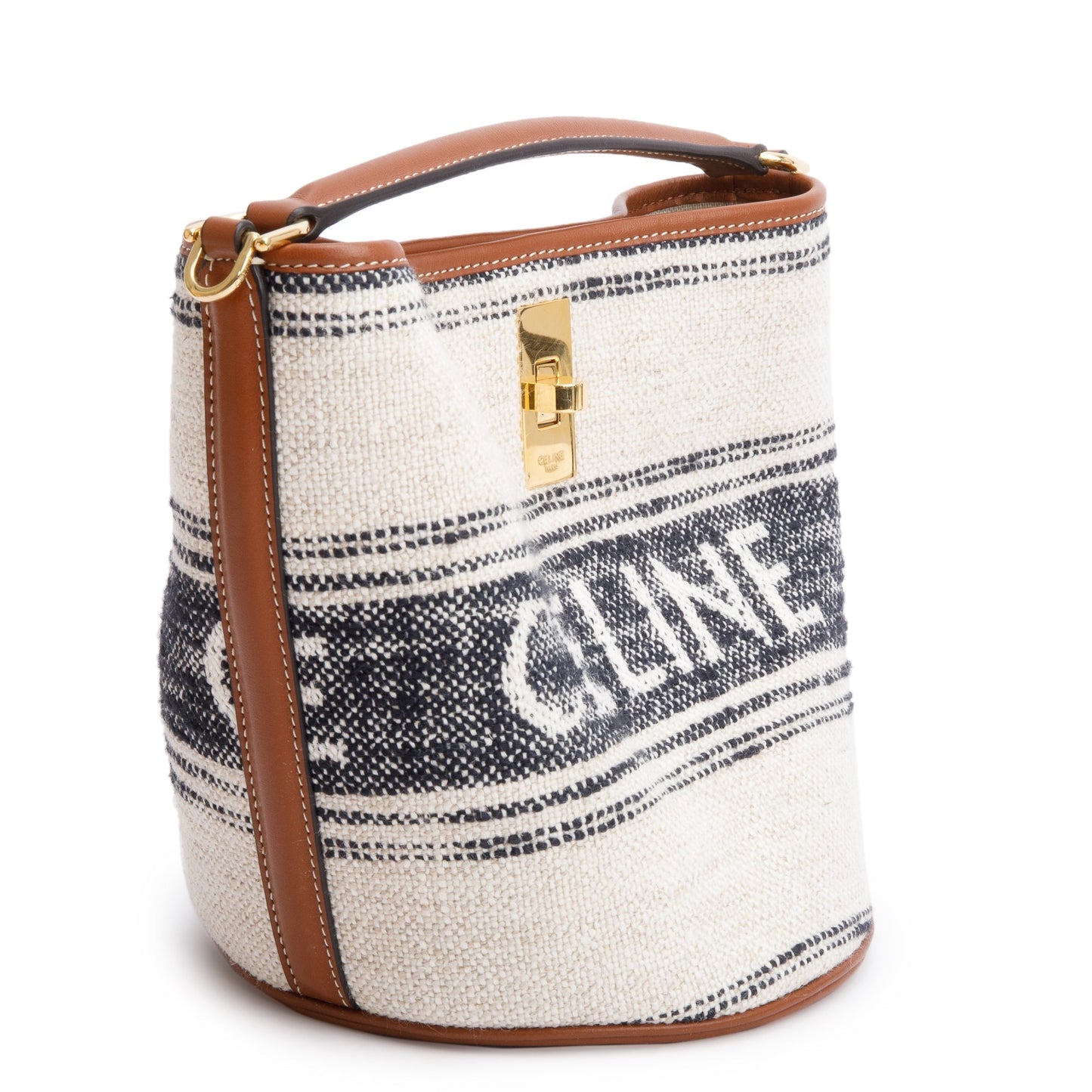 Celine 2022 Neutral Canvas Brown Leather Logo Teen 16 Bucket Bag