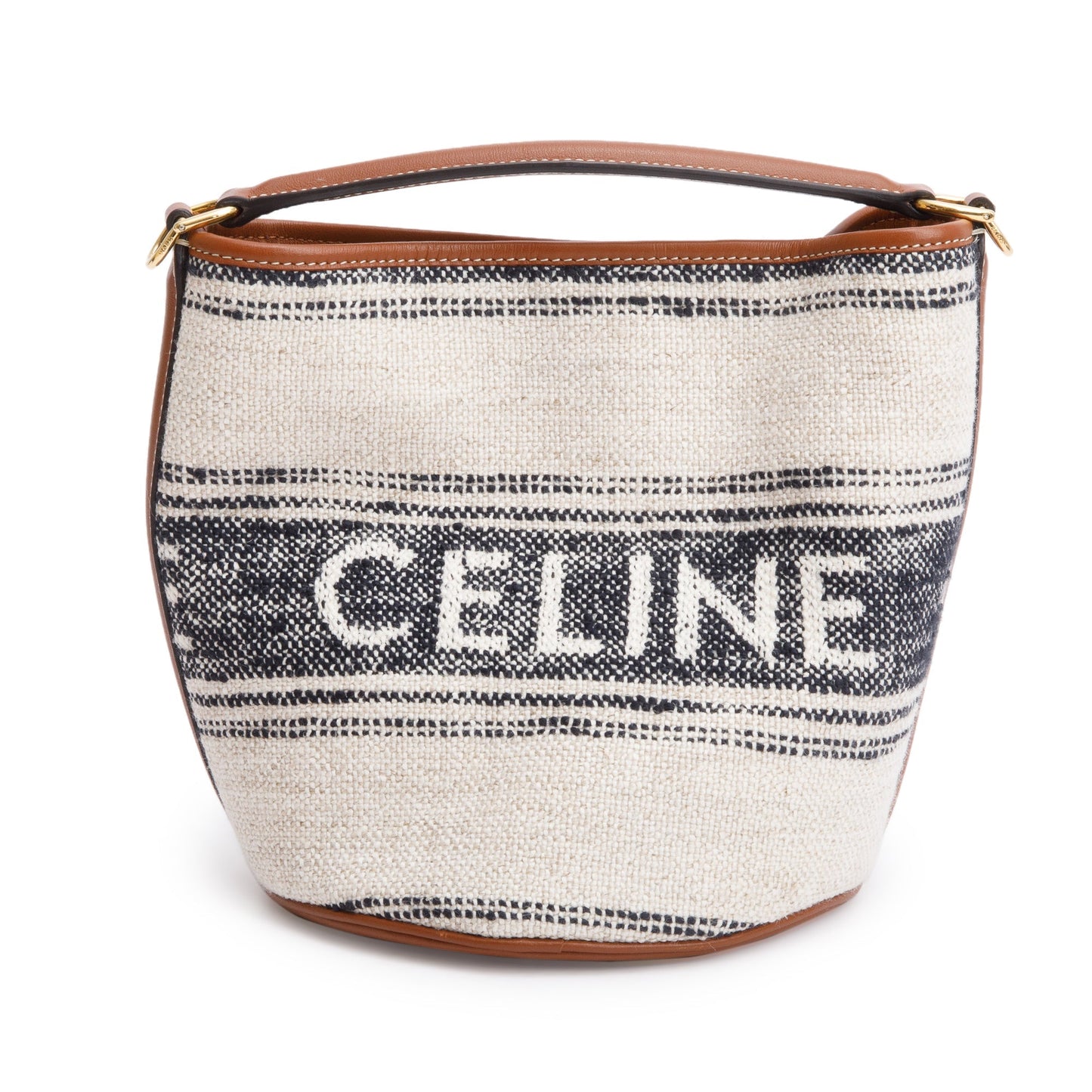 Celine 2022 Neutral Canvas Brown Leather Logo Teen 16 Bucket Bag