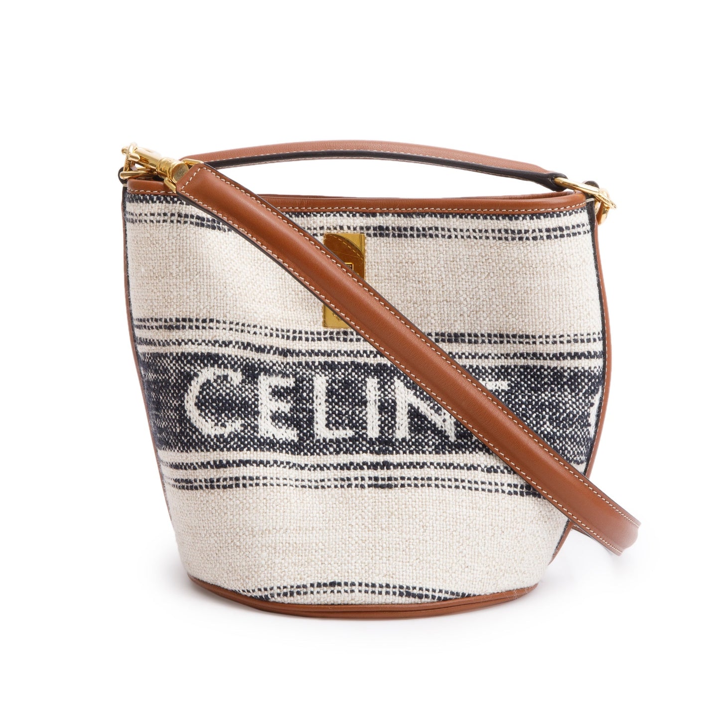 Celine 2022 Neutral Canvas Brown Leather Logo Teen 16 Bucket Bag