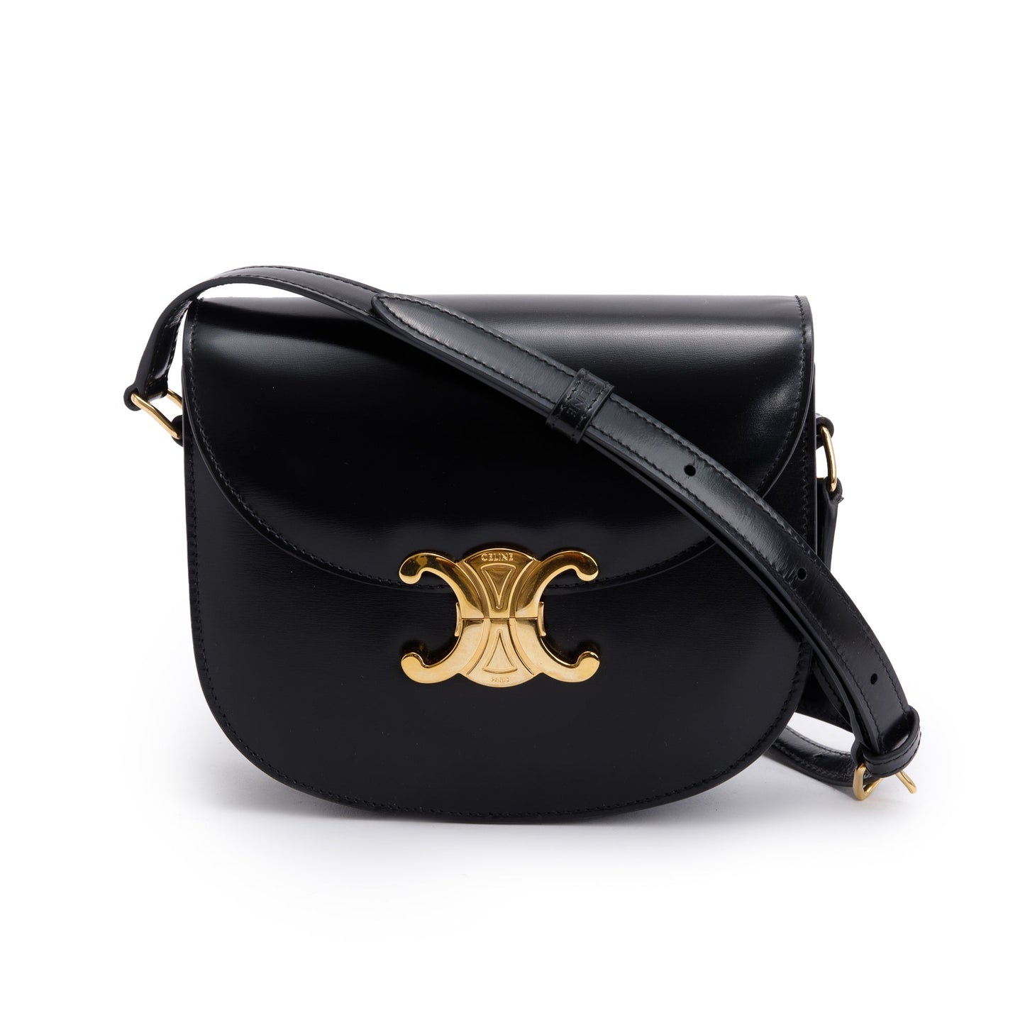 Celine 2023 Black Shiny Calfskin Leather Teen Triomphe Shoulder Bag
