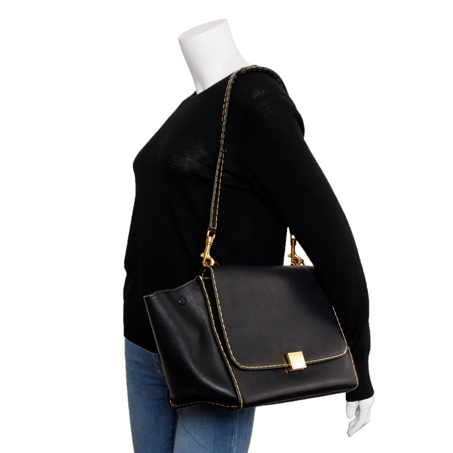 Celine Black Smooth Calfskin Leather Yellow Stitching Small Trapeze Bag