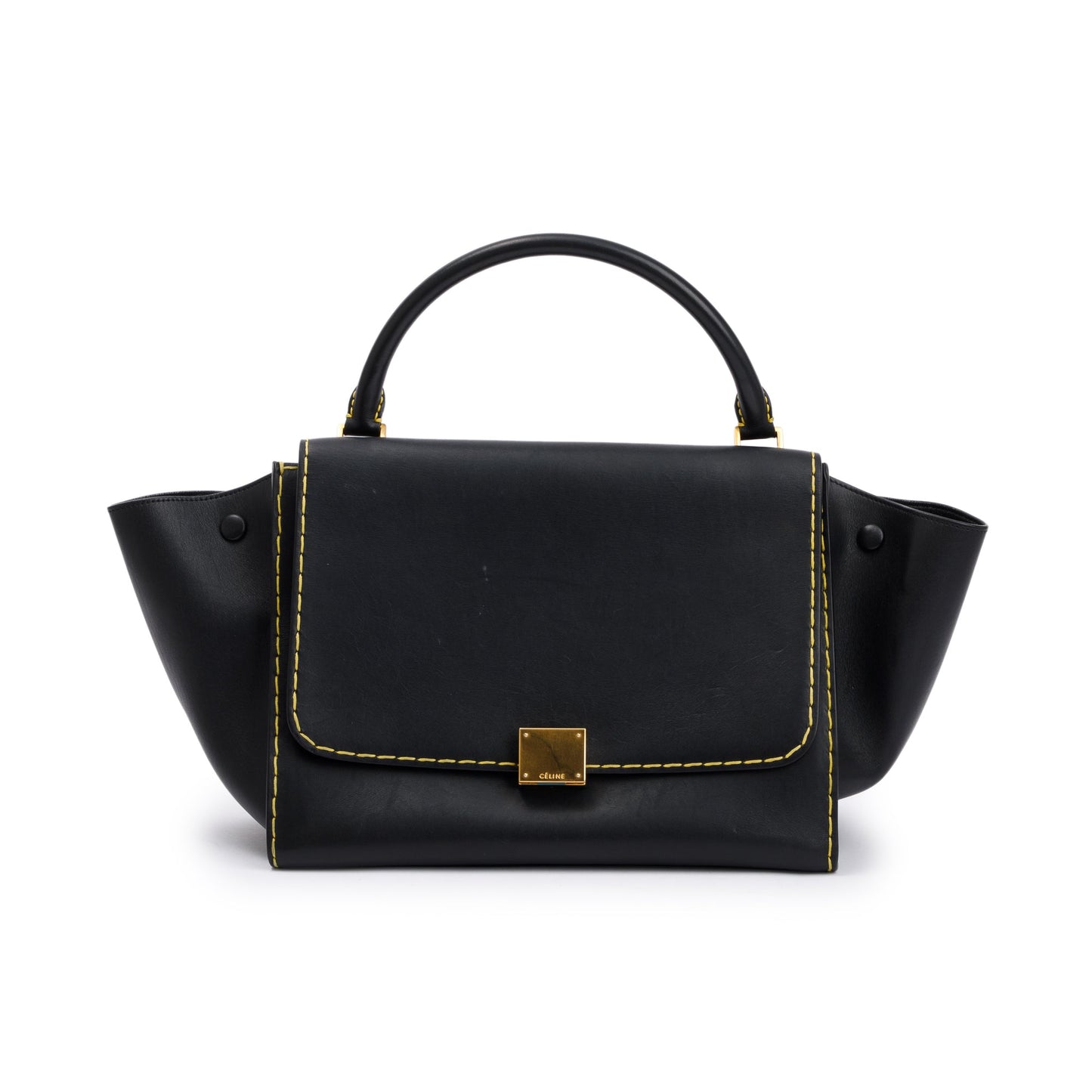 Celine Black Smooth Calfskin Leather Yellow Stitching Small Trapeze Bag