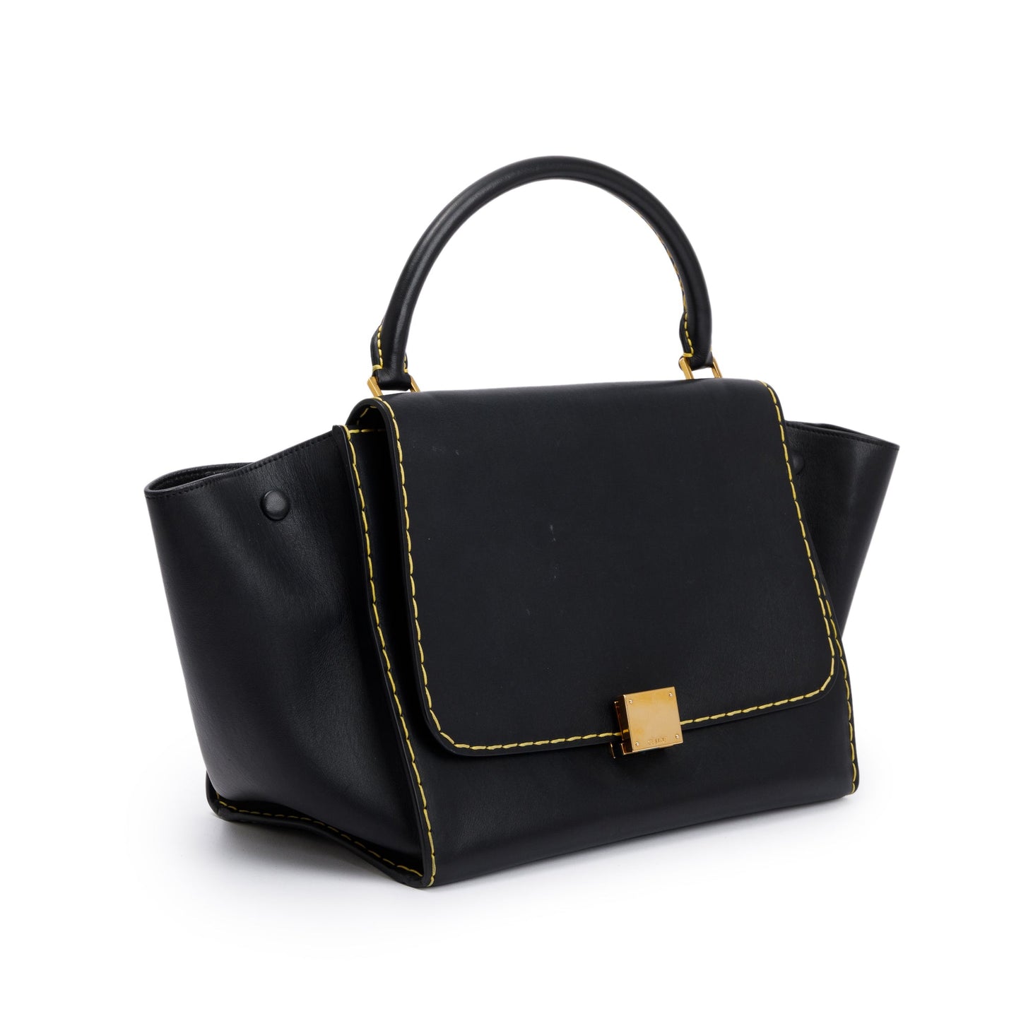 Celine Black Smooth Calfskin Leather Yellow Stitching Small Trapeze Bag