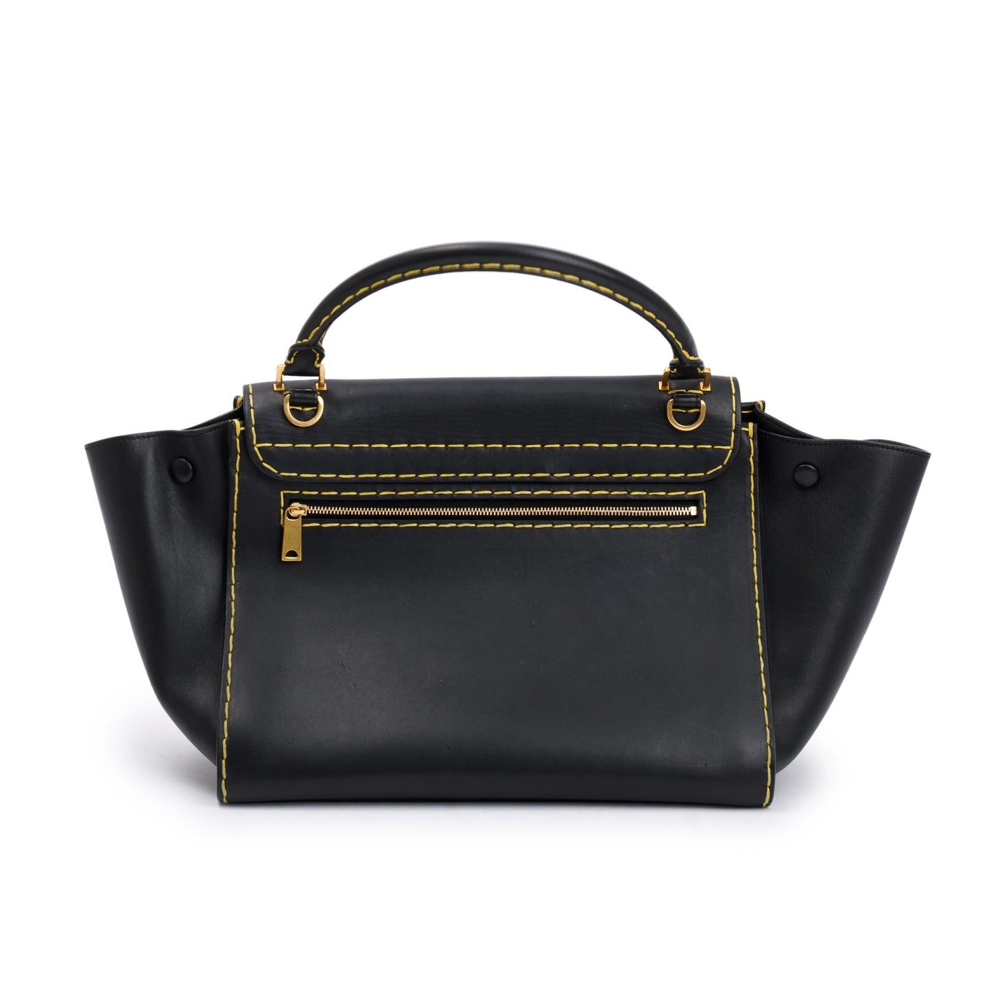 Celine Black Smooth Calfskin Leather Yellow Stitching Small Trapeze Bag