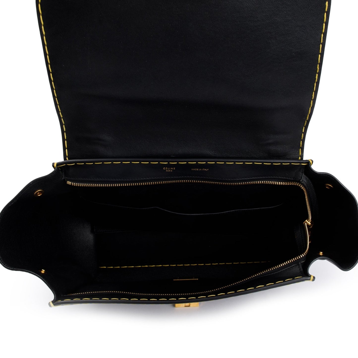 Celine Black Smooth Calfskin Leather Yellow Stitching Small Trapeze Bag