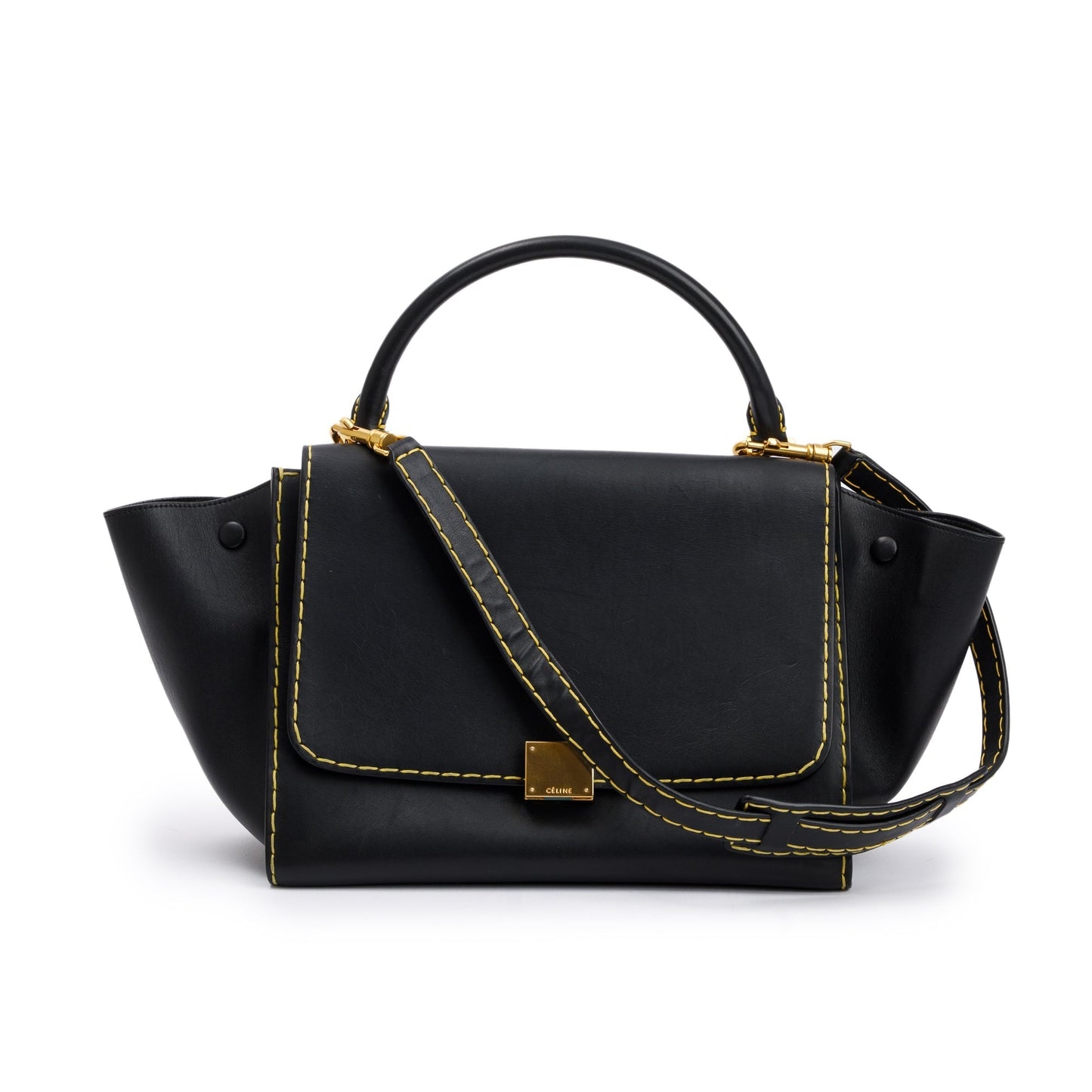 Celine Black Smooth Calfskin Leather Yellow Stitching Small Trapeze Bag