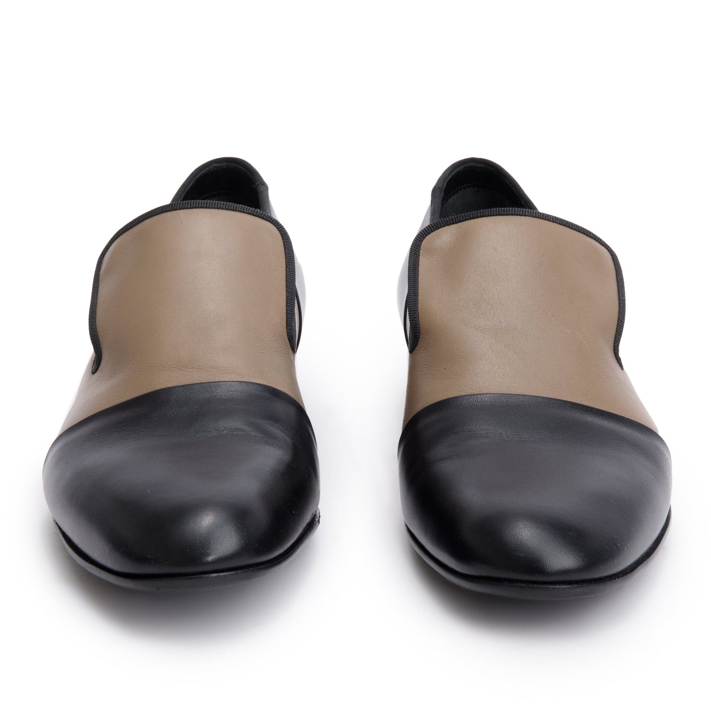 Celine Black/Taupe Calfskin Leather Luco Triomphe Loafers, Size 38.5