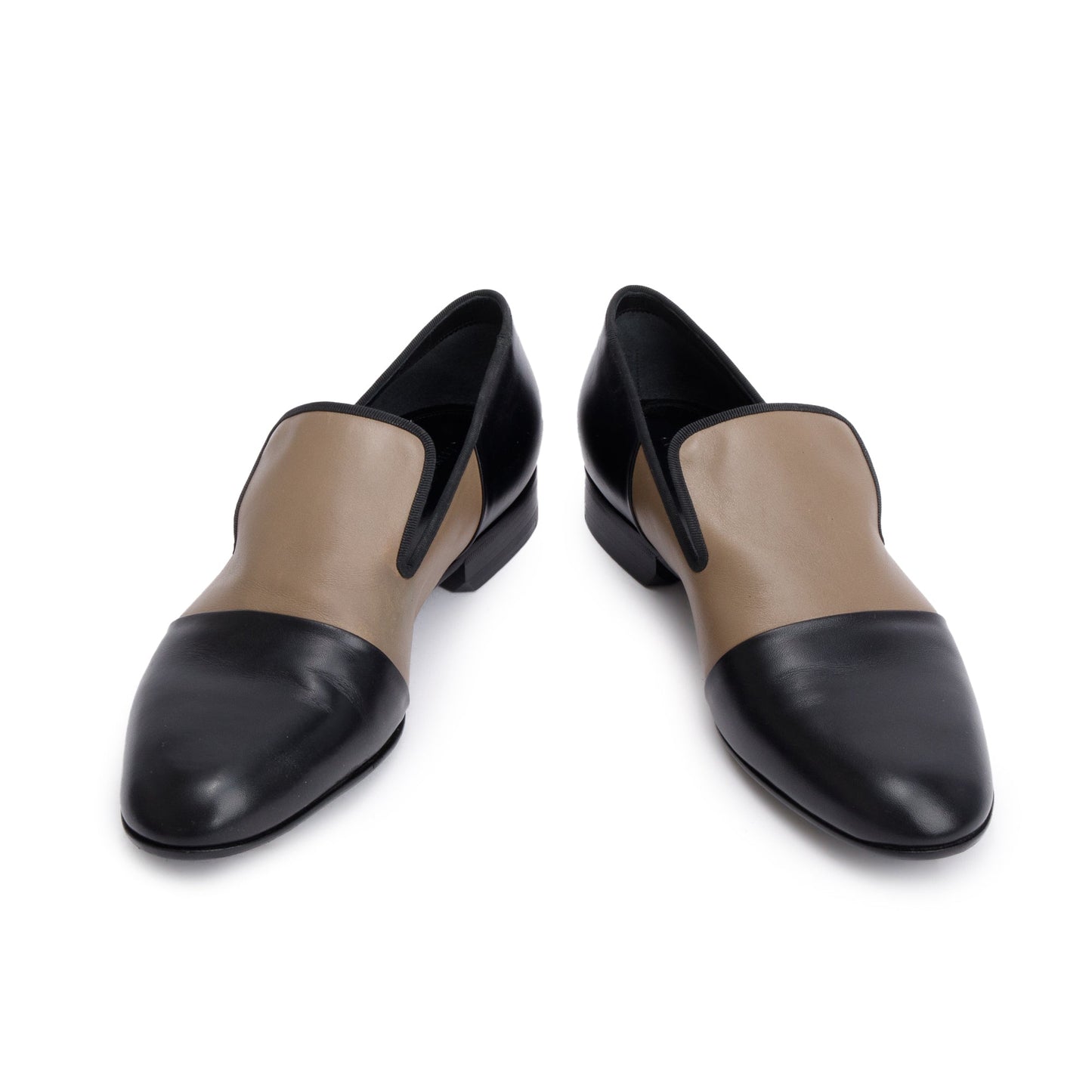 Celine Black/Taupe Calfskin Leather Luco Triomphe Loafers, Size 38.5