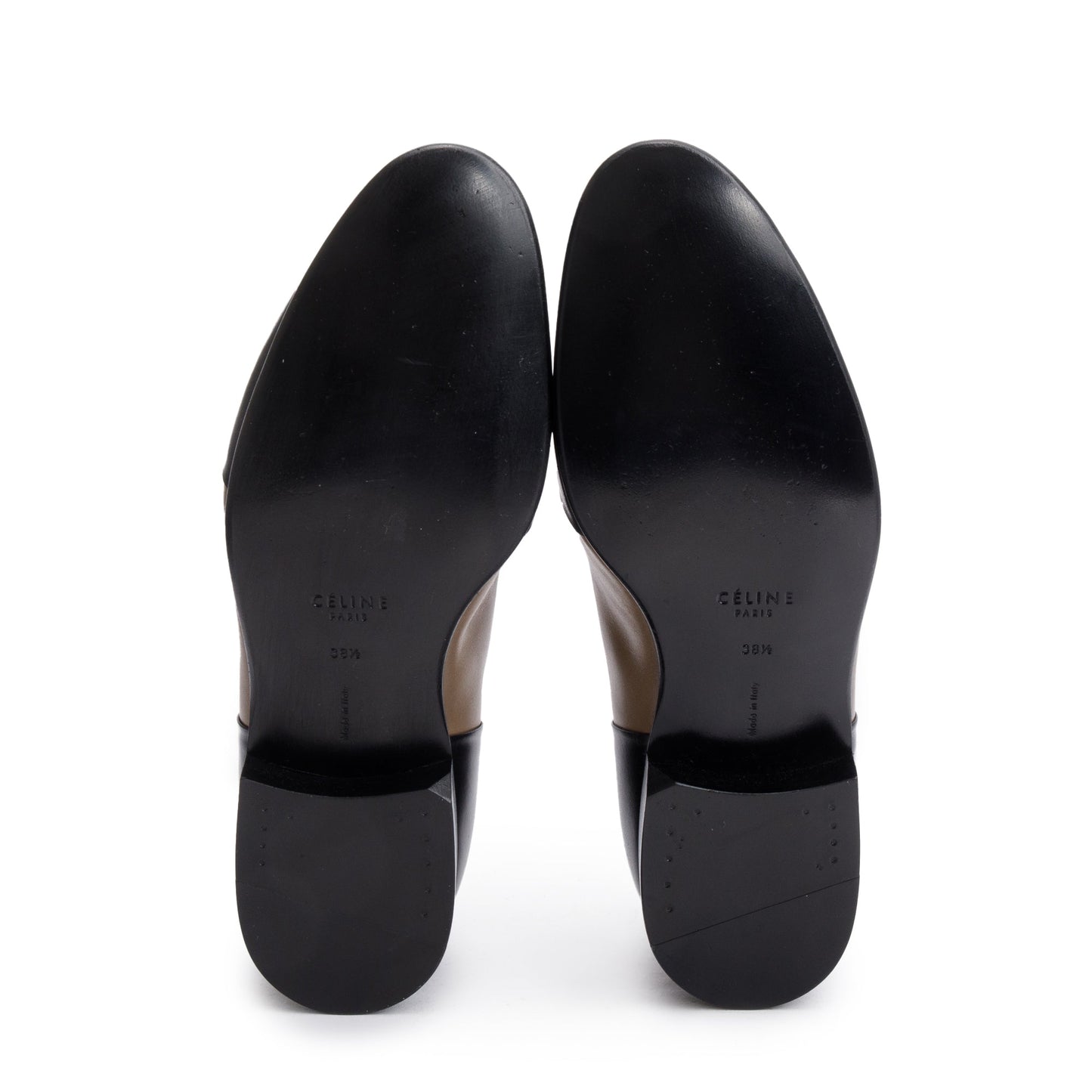 Celine Black/Taupe Calfskin Leather Luco Triomphe Loafers, Size 38.5