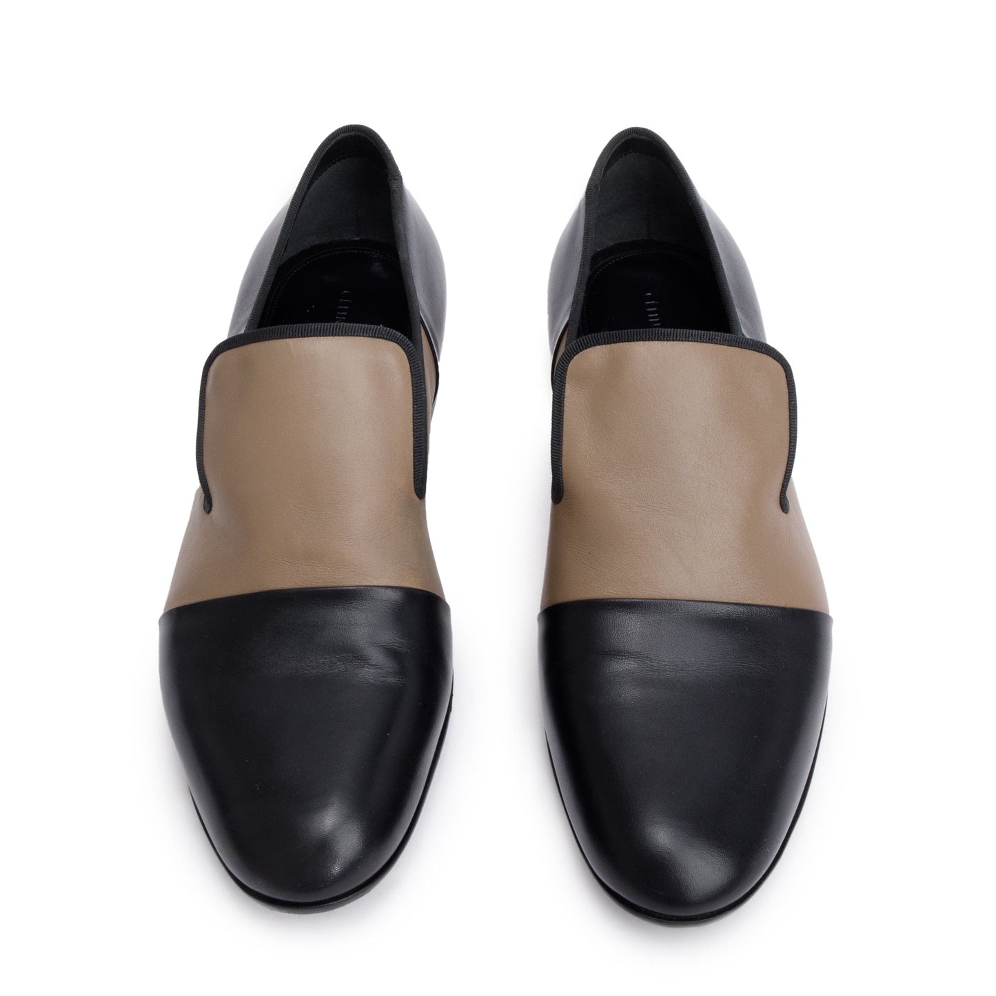 Celine Black/Taupe Calfskin Leather Luco Triomphe Loafers, Size 38.5