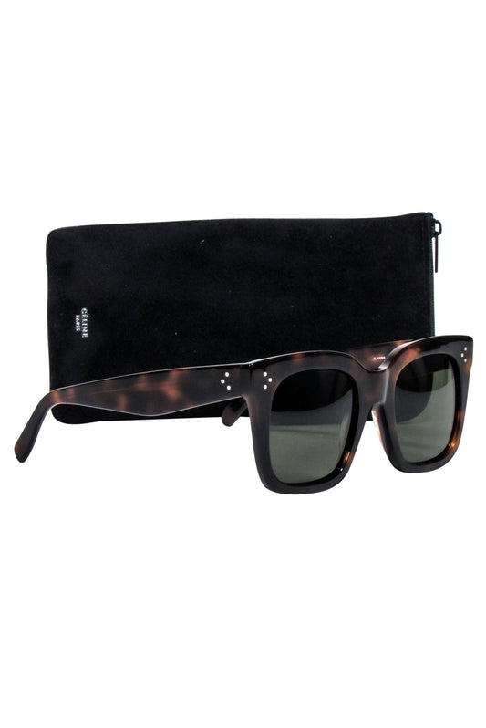 Luxury CELINE - Brown Tortoise Large Square Sunglasses w/ Three Dot Print