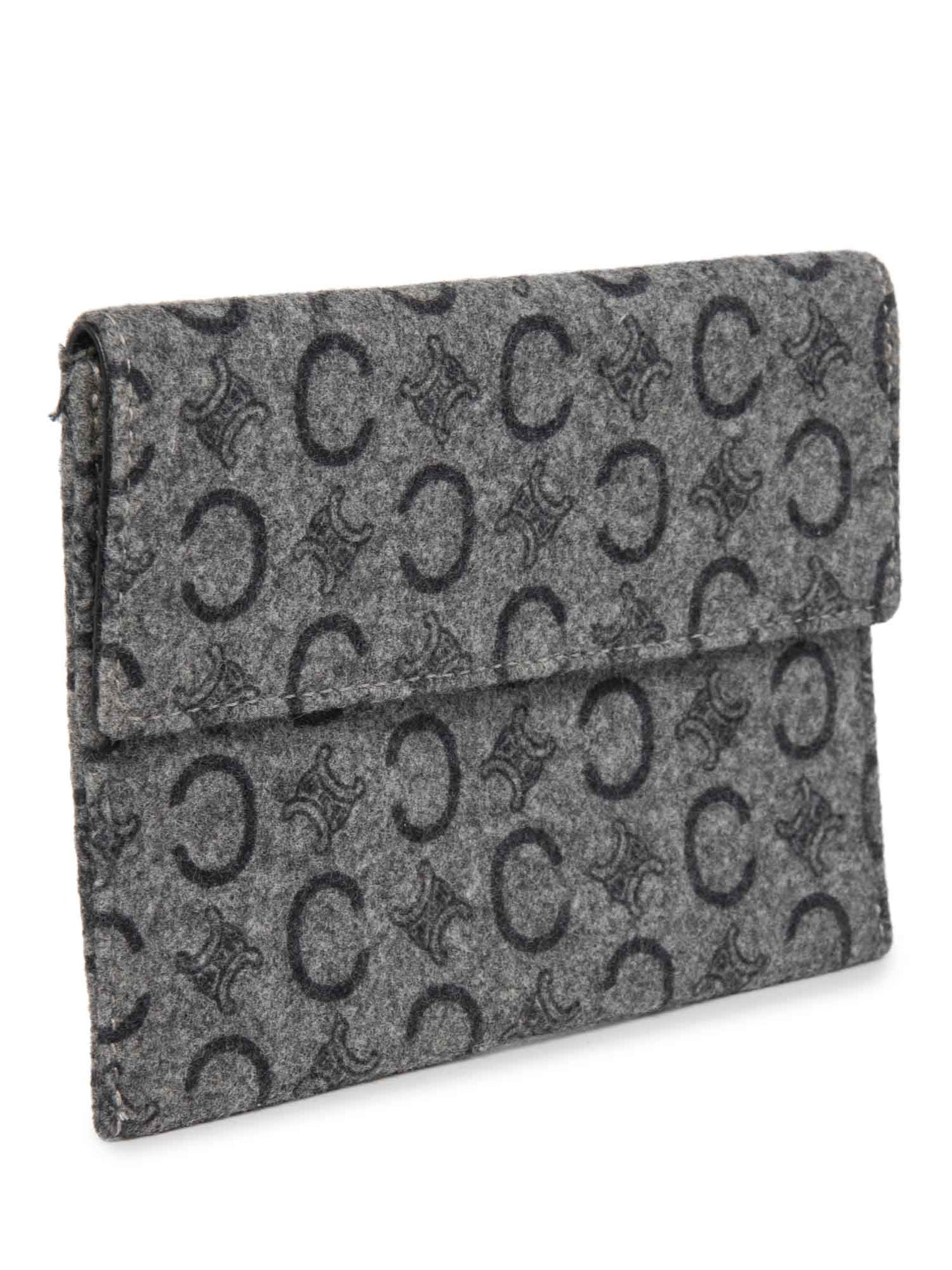 Luxury CELINE C Logo Monogram Wool Leather Credit Card Wallet Passport Case Grey
