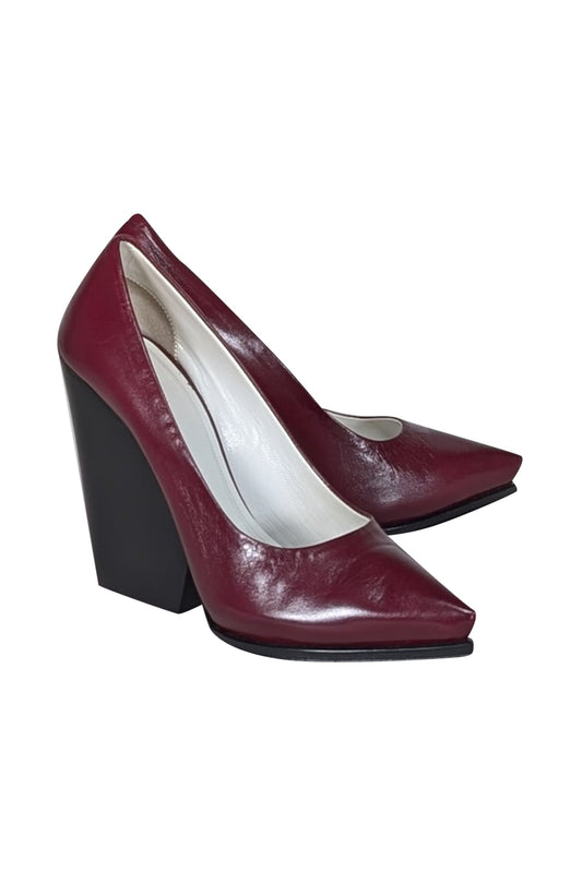 Luxury CELINE - Maroon Leather Chunky Heel Pumps Sz 10
