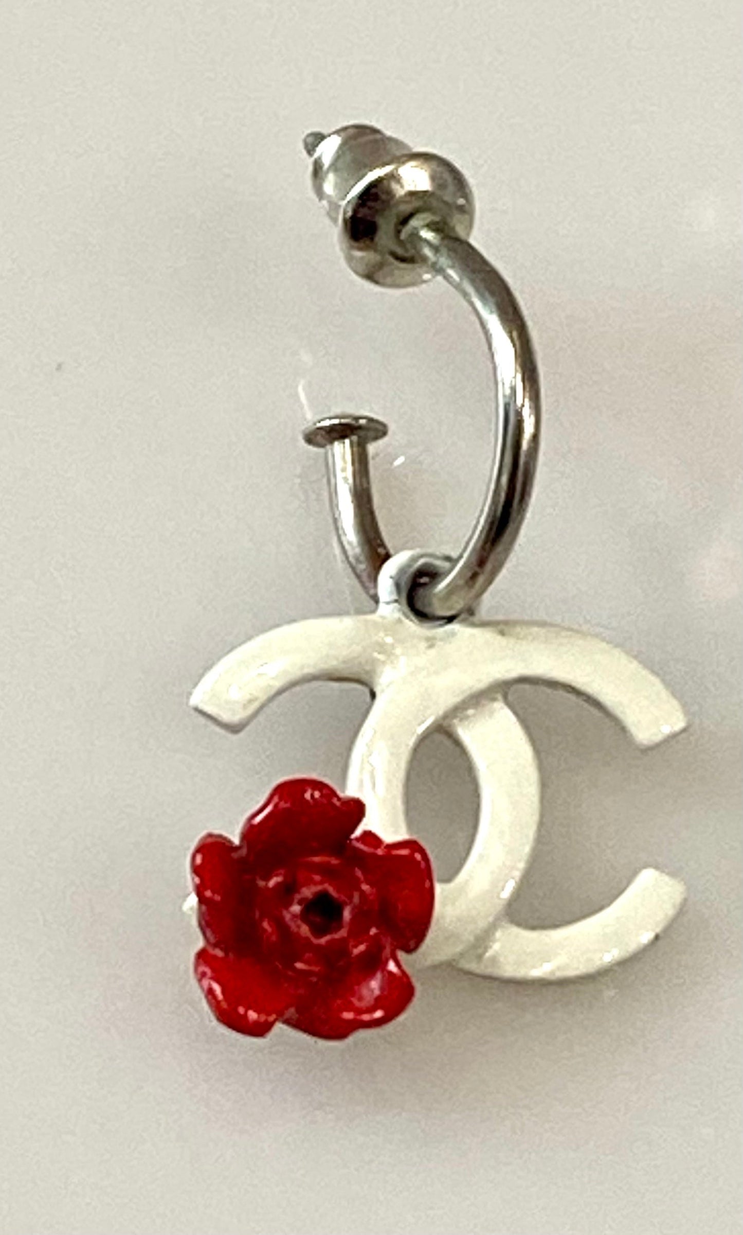 CHANEL SILVER PLATED DANGLE PIERCED EARRINGS