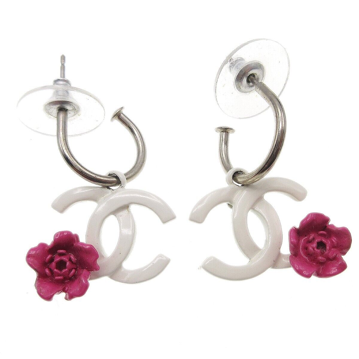 CHANEL SILVER PLATED DANGLE PIERCED EARRINGS