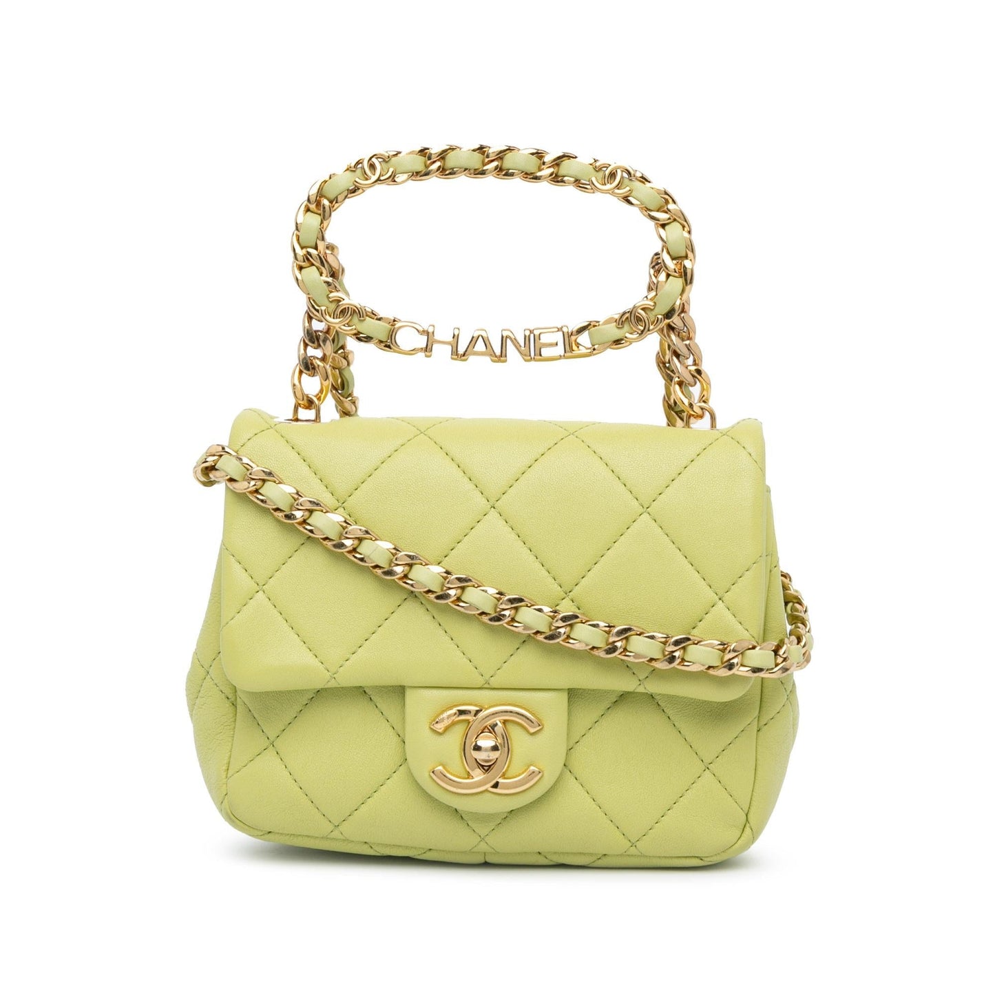 Chanel Mini Quilted Lambskin Oval Logo Chain Top Handle Flap