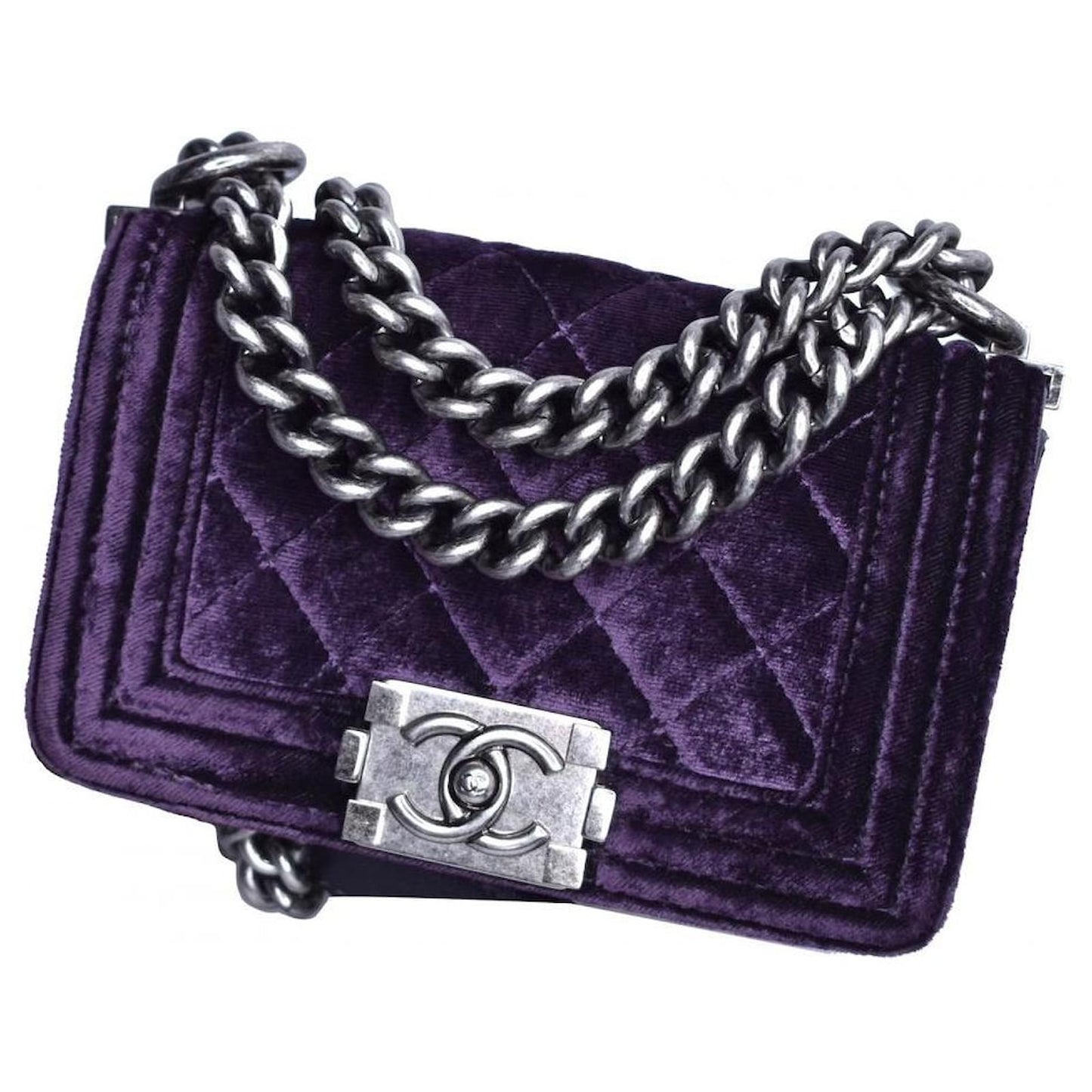 CHANEL VELVET QUILTED MINI BOY FLAP BAG IN PURPLE-HS
