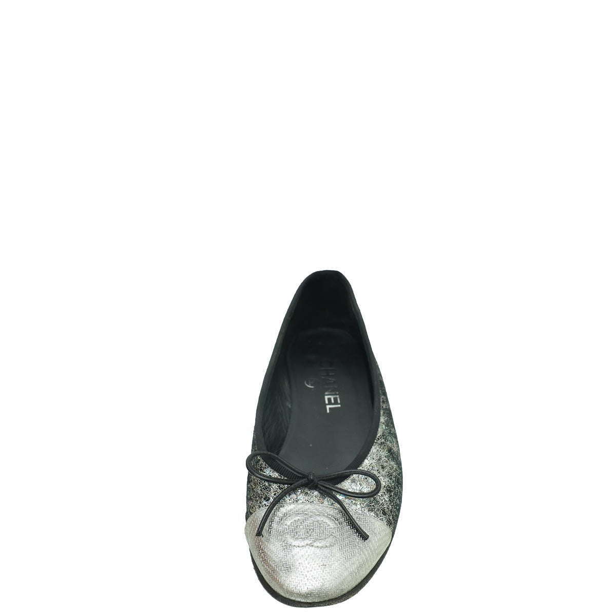 Chanel Metallic Silver Holographic Textured Suede CC Cap Toe Ballet Flats 37