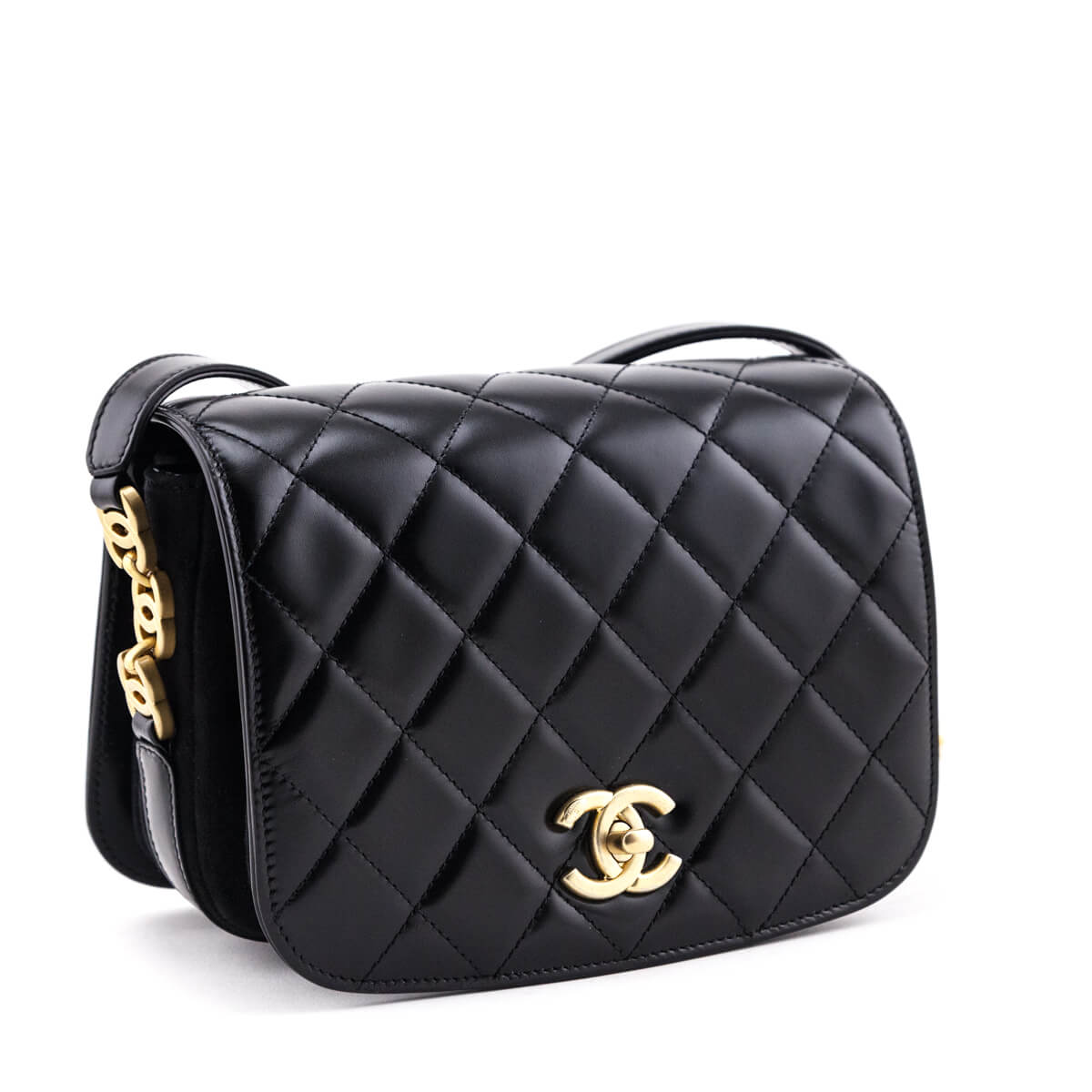 Chanel Black Quilted Shiny Calfskin & Suede Mini Messenger Bag