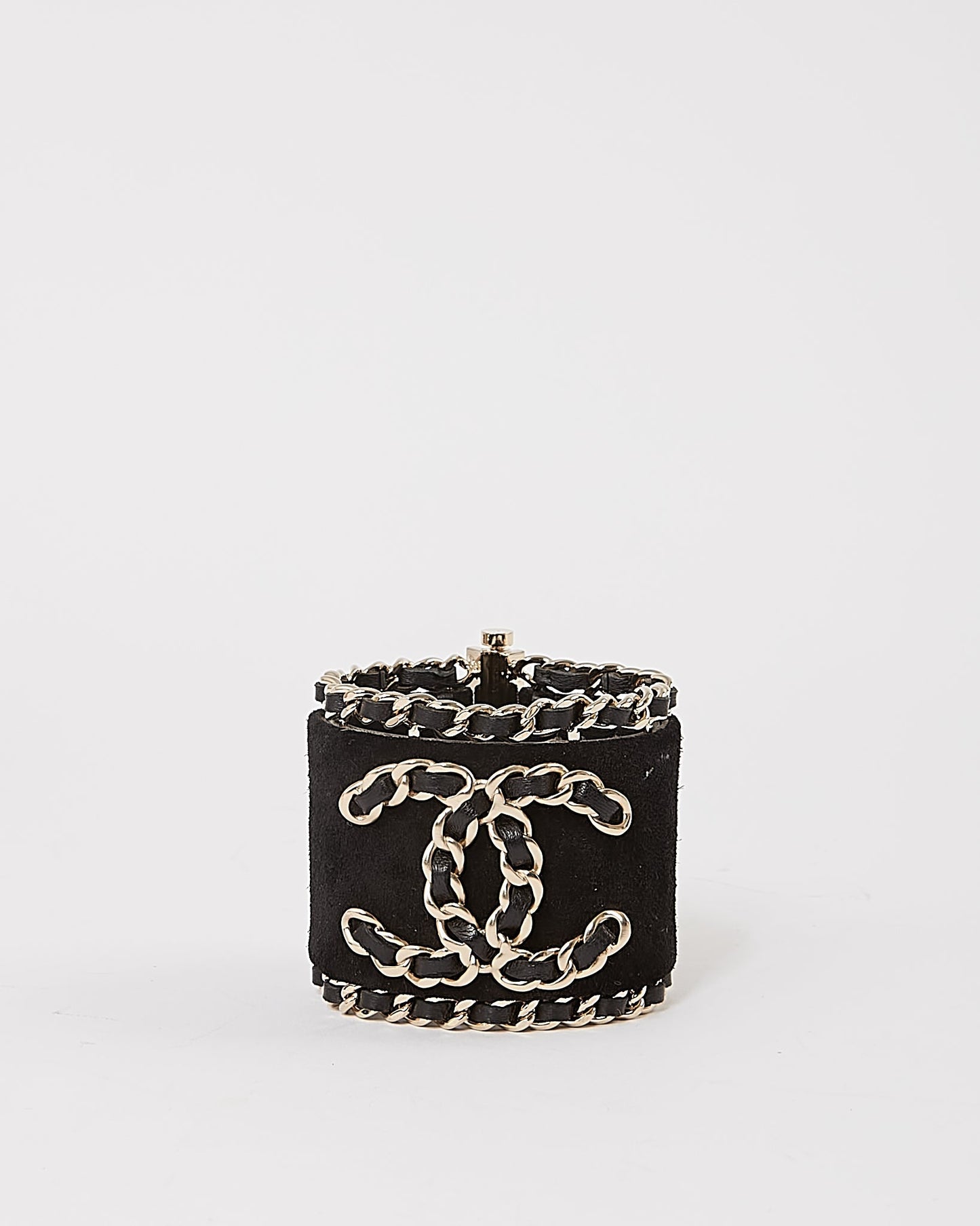 Chanel Black & Gold Tone Logo Suede Cuff Bracelet