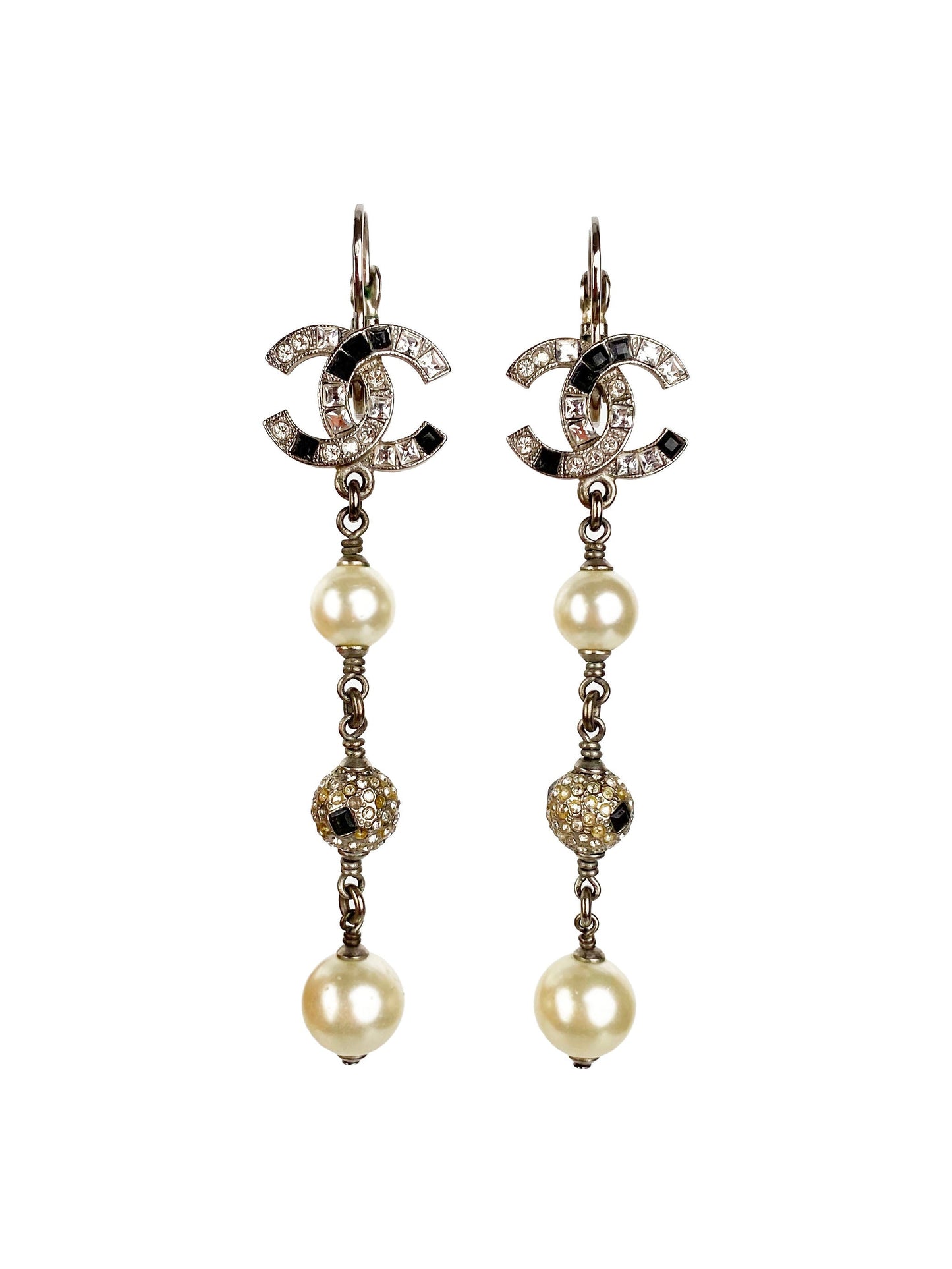Chanel CC Crystal & Pearl Ball Drop Earrings