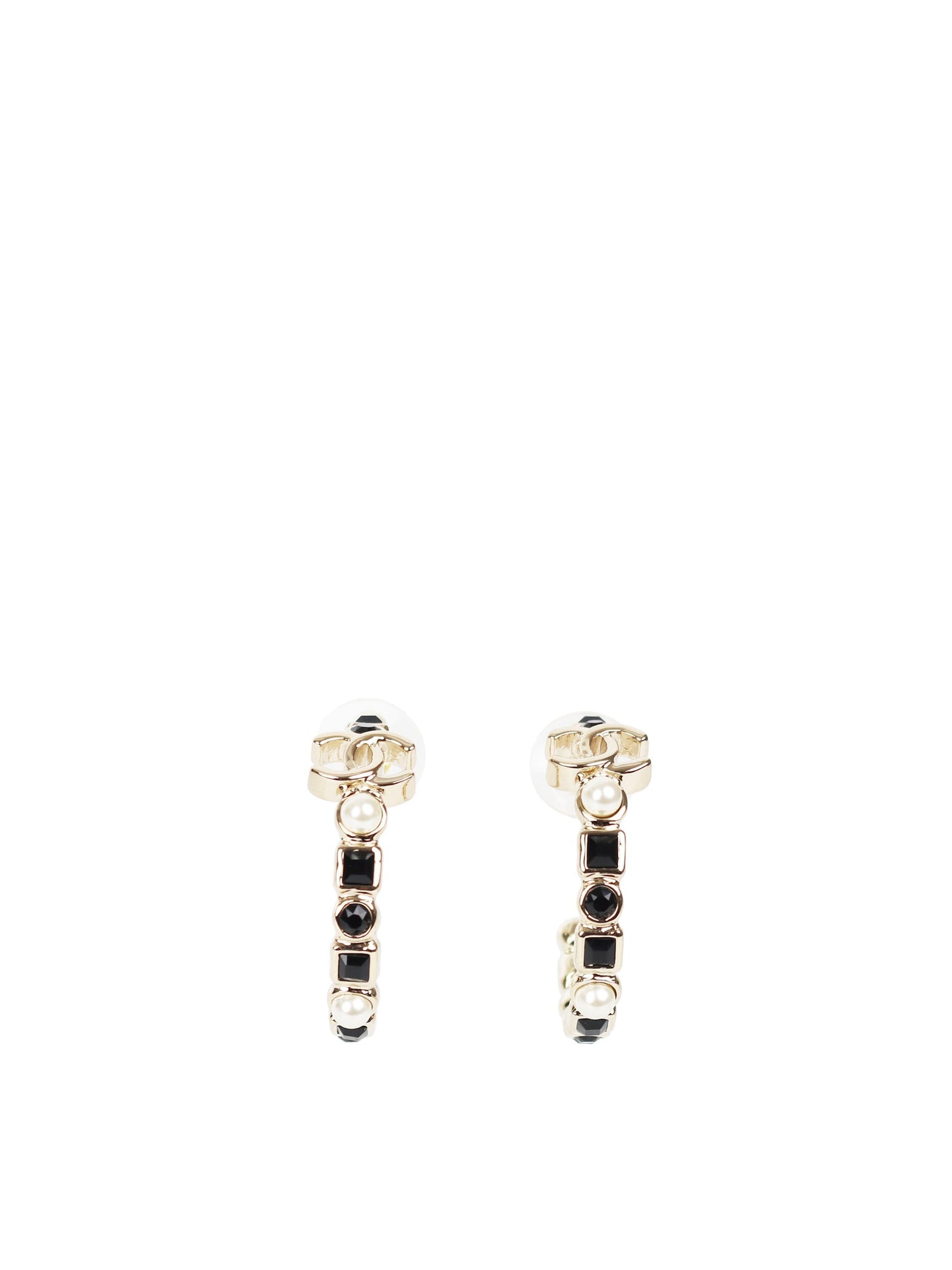 Chanel CC Pearl and Black Gemstone Hoop Earrings