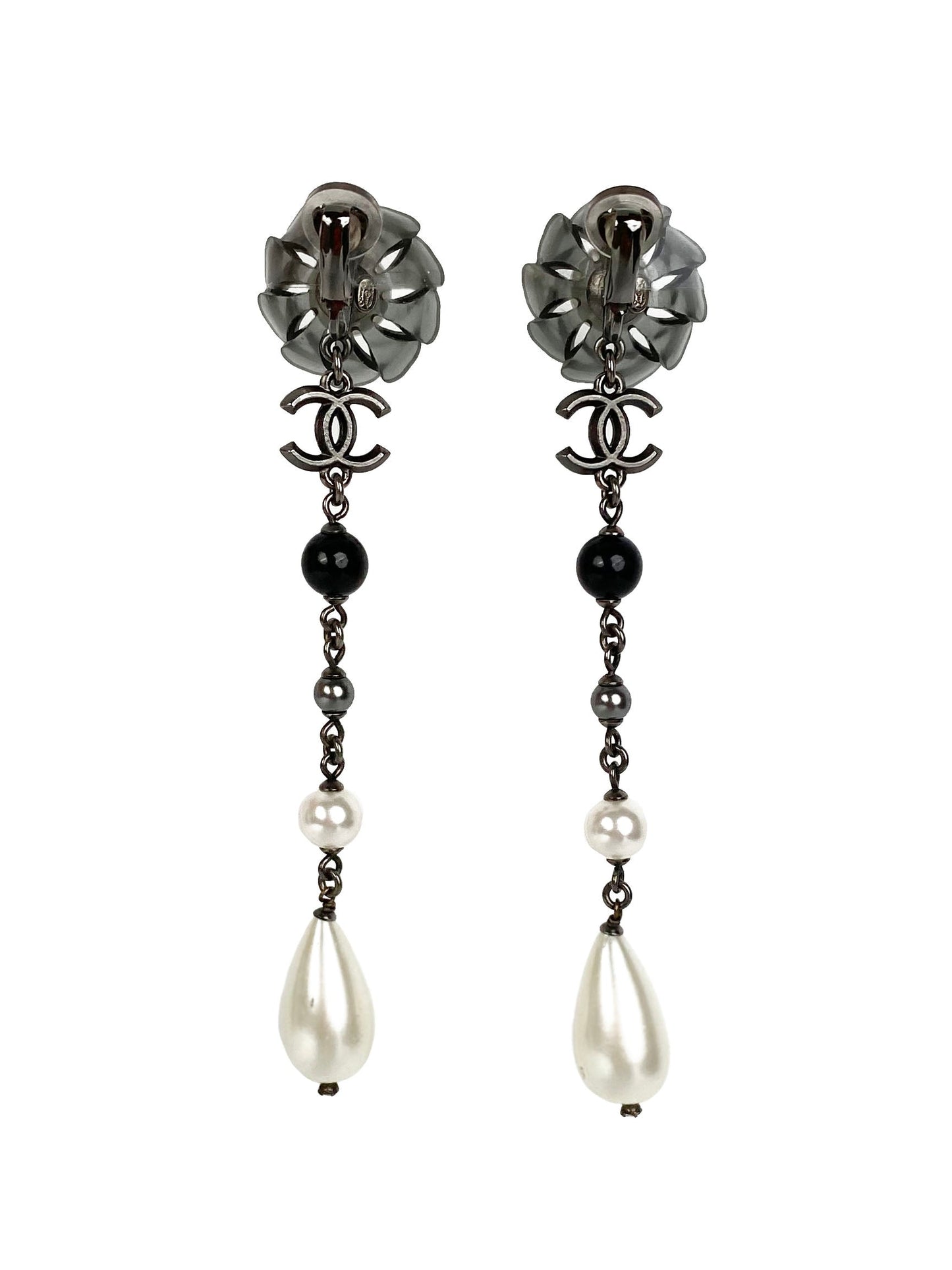 Chanel Flower & Pearl Clip-On Drop Earrings