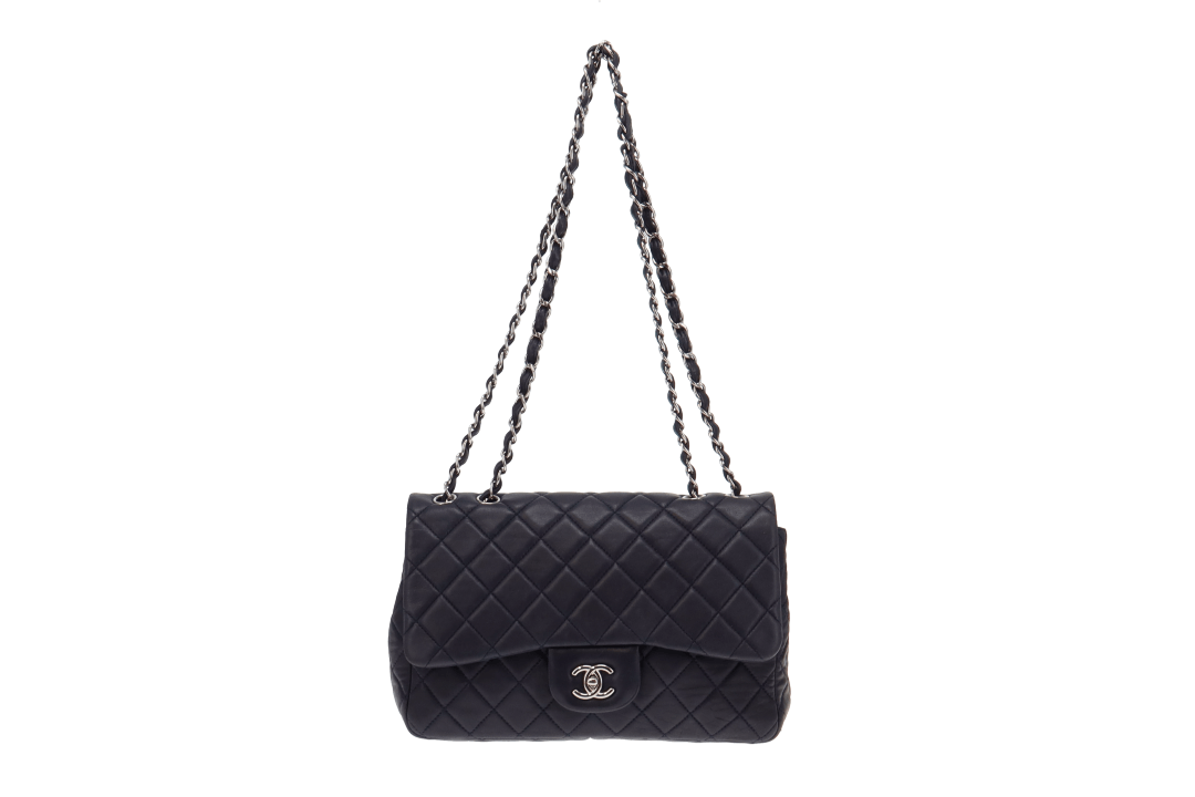 Chanel 2009 Navy Washed Lambskin Single Flap Jumbo Silver Hardware 2008/09
