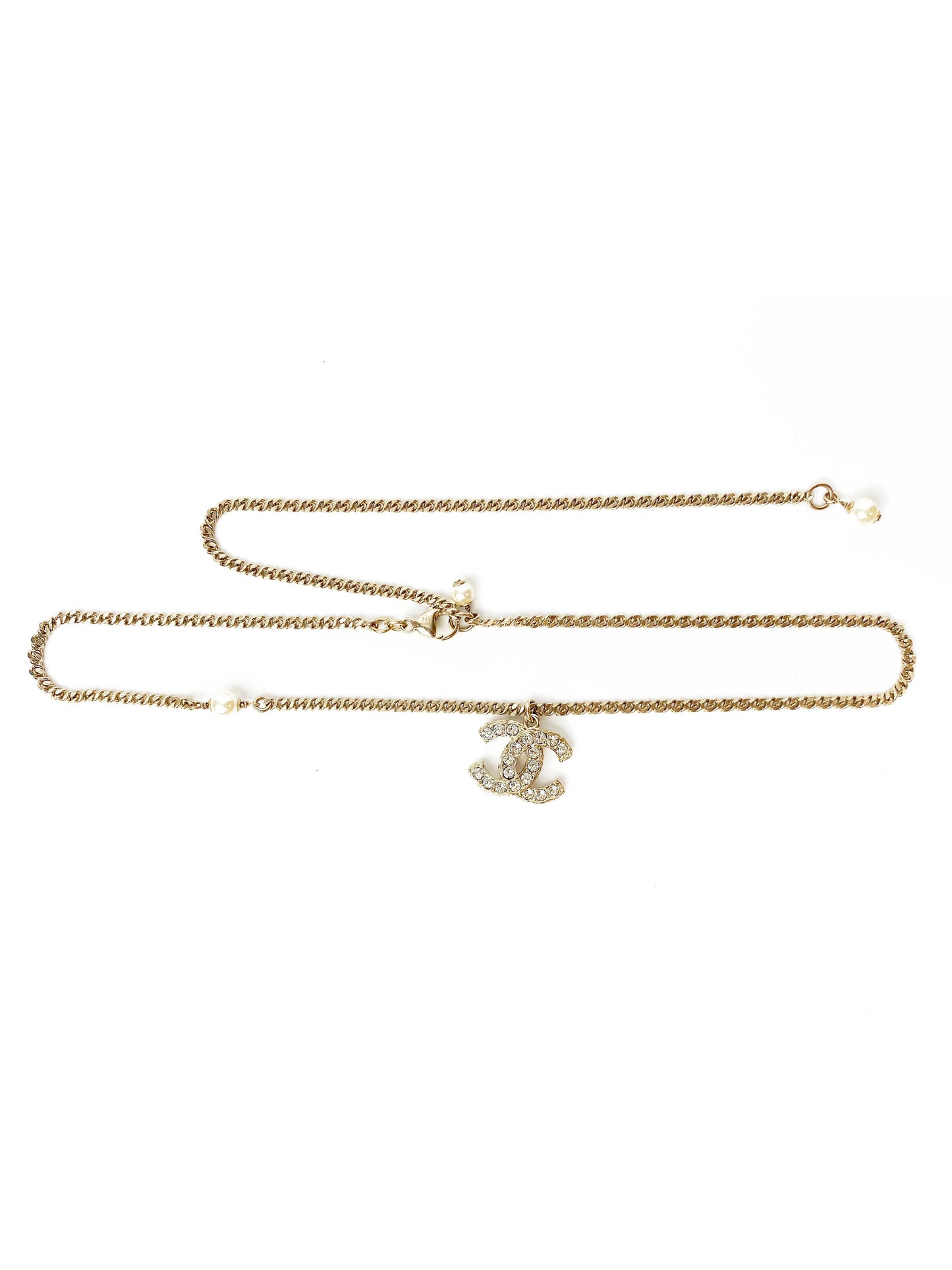 Chanel Brass Gold Logo Necklace with Dangling Pearls