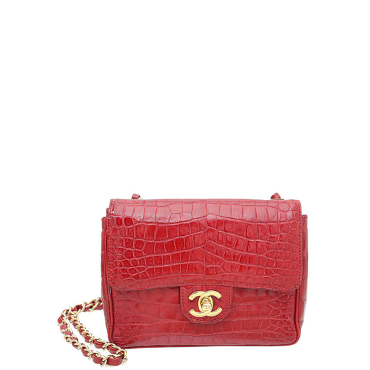 Chanel Red Crocodile   CC Classic Mini Square Bag