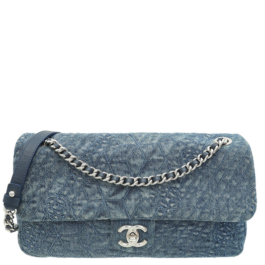 Chanel Navy Blue CC Denim Camellia Flower Embroidered Maxi Flap Bag