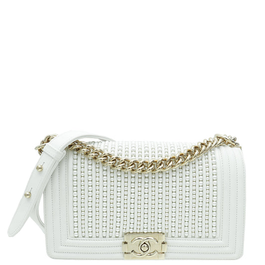 Chanel White Vertical Pearl Embellished Le Boy Medium Bag