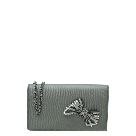 Chanel Metallic Grey CC Crystal Bow Chain Evening Bag