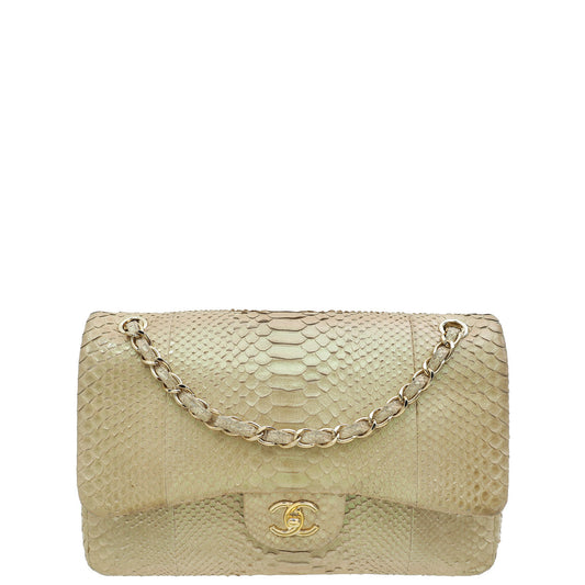 Chanel Pearl Beige Python CC Classic Double Flap Jumbo Bag