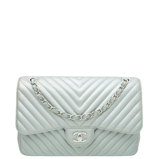 Chanel Metallic Grey Chevron Classic Double Flap Jambo Bag