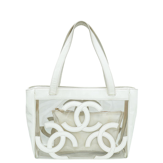 Chanel White CC Vinyl  Logo Beach Tote Bag