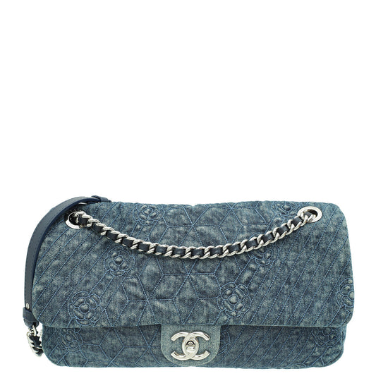 Chanel Blue CC Denim Camelia Embroidered Flap Bag