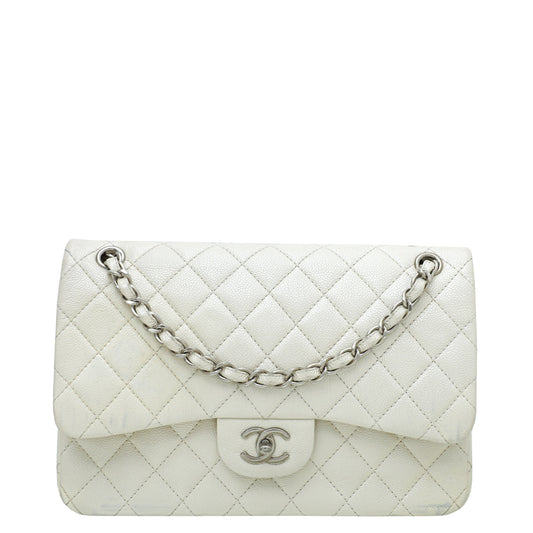 Chanel Metallic White CC Classic Double Flap Jumbo Bag