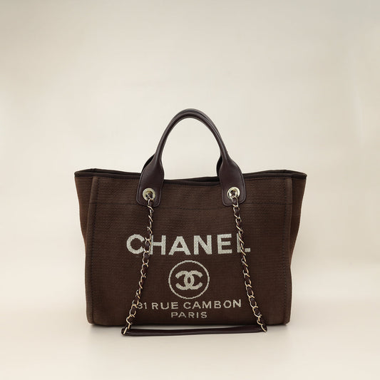Chanel Brown CC Deauville Mixed Fabric Medium Tote Bag