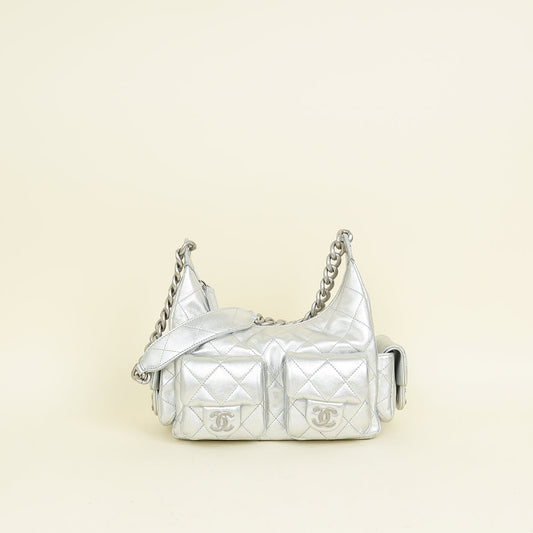 Chanel Metallic Silver CC Quilted Trendy Pockets Hobo Large Bag