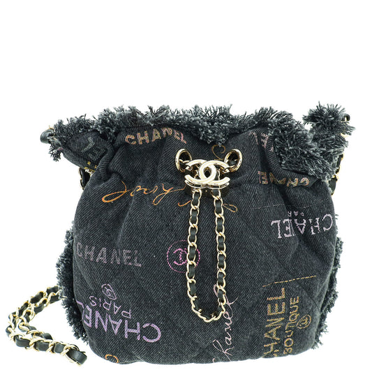 Chanel Black Multicolor CC Denim Quilted Mood Bucket Bag With Chain
