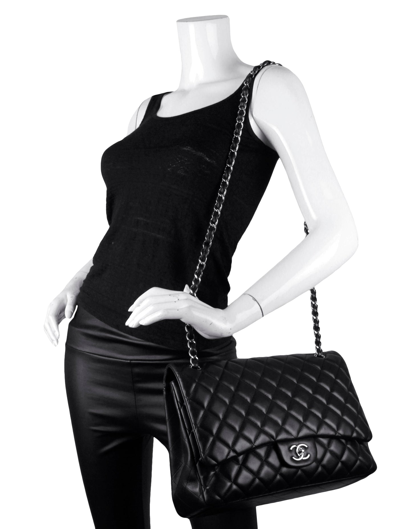 Chanel Black Lambskin Leather Single Flap Maxi Bag