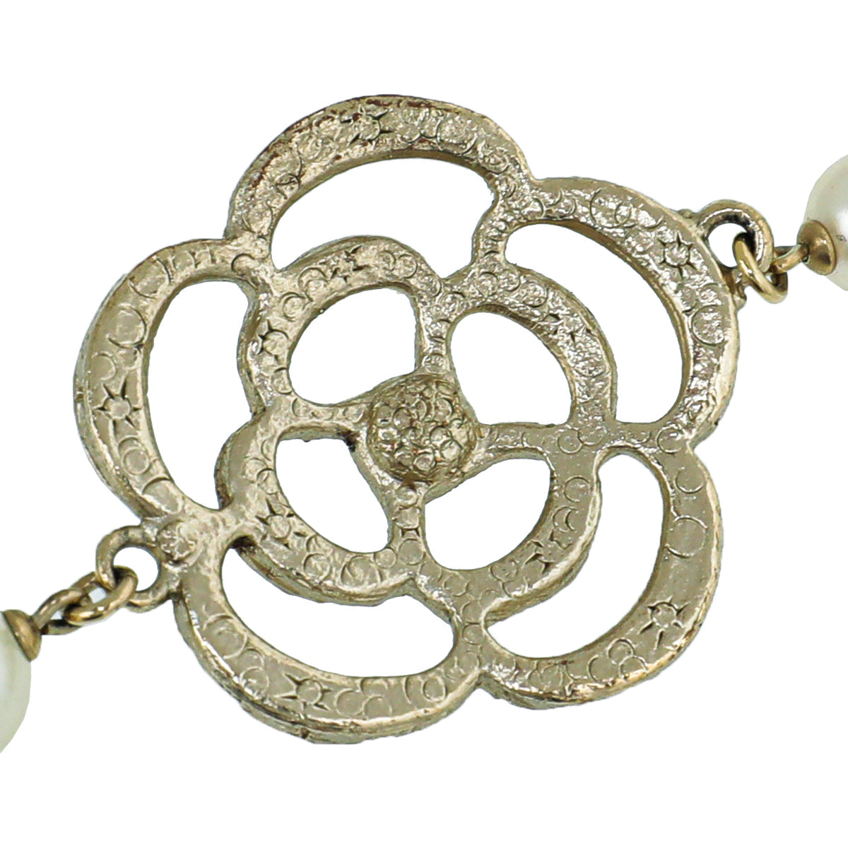 Chanel Gold Tone CC Camellia Flower Pearl Bracelet