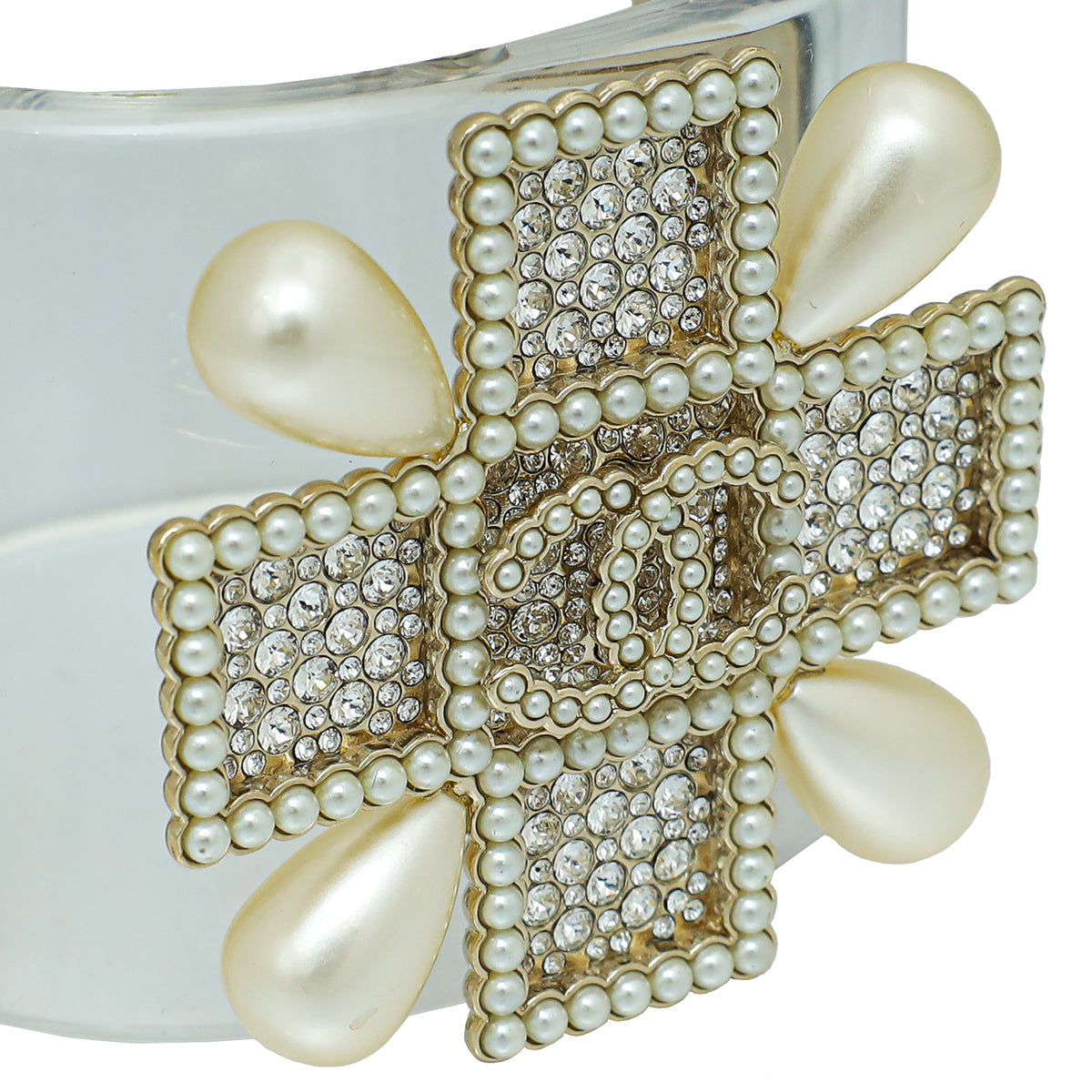 Chanel White CC Crystal Pearl Cuff Bracelet