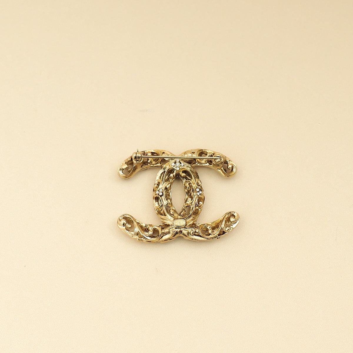 Chanel Gold CC Crystal Cutout Details Brooch