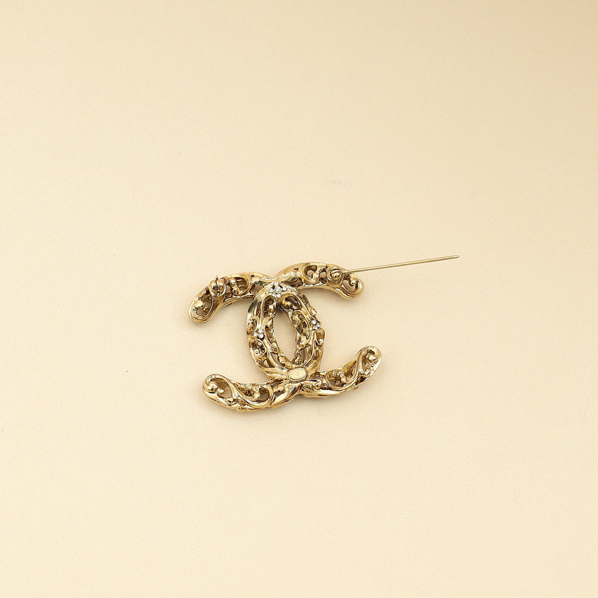 Chanel Gold CC Crystal Cutout Details Brooch