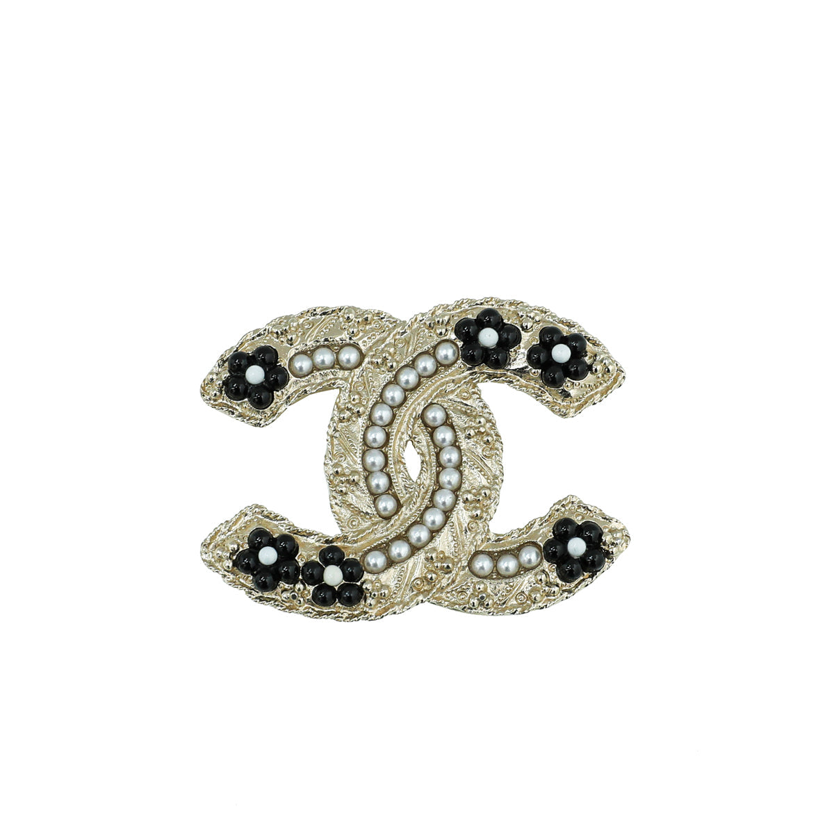 Chanel Light Gold Floral Beaded Faux Pearl CC Brooch