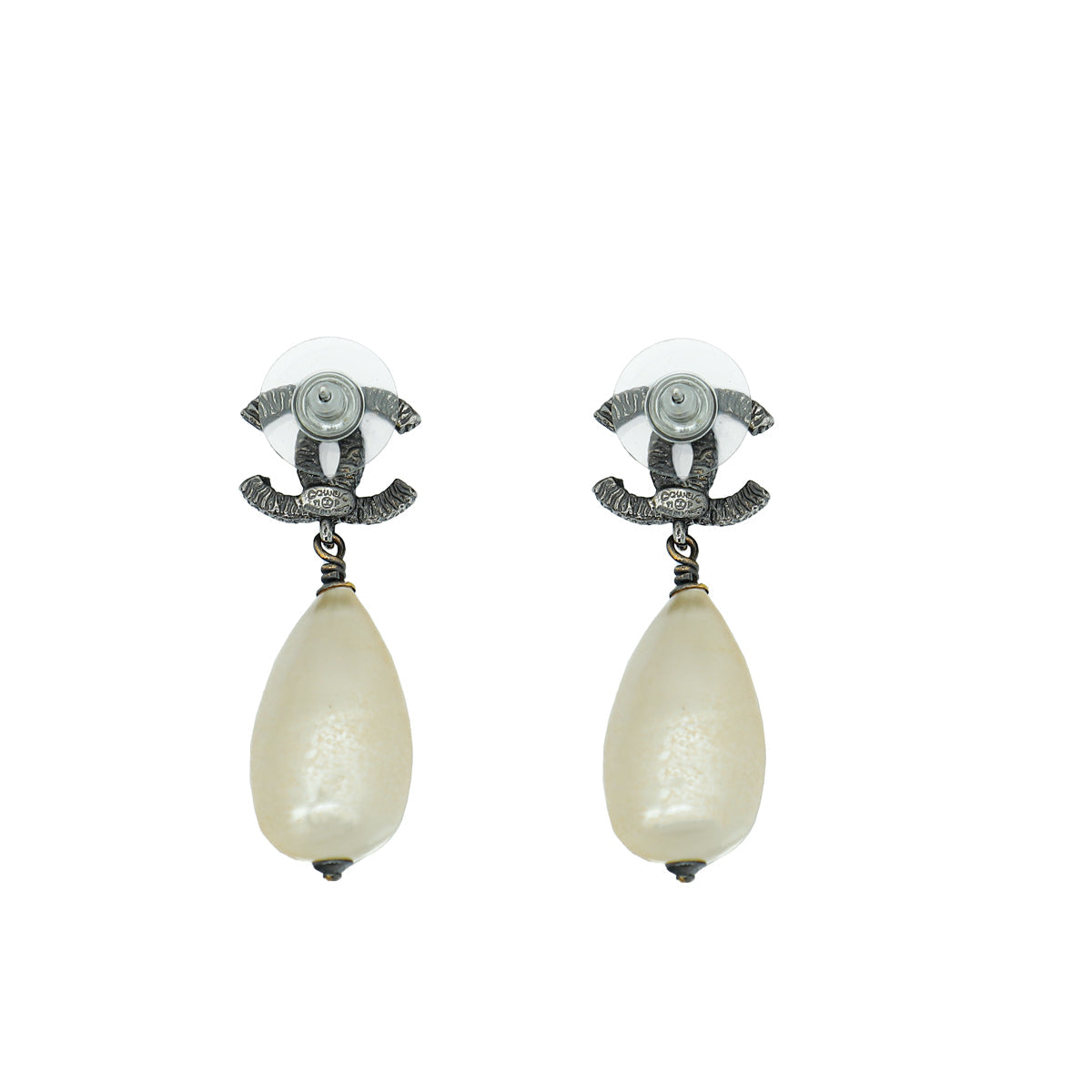 Chanel White CC Pearl Drop Earrings